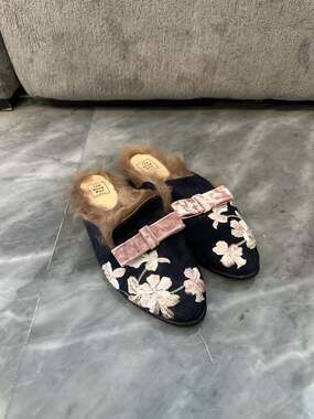 The Shoe Box Floral Embroidered Velvet Fur-Lined Mules Size 39